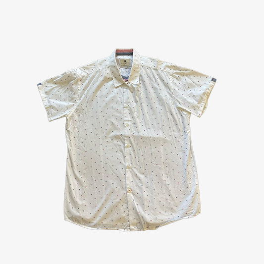 Patterned Short Sleeve Button Up Shirt In White